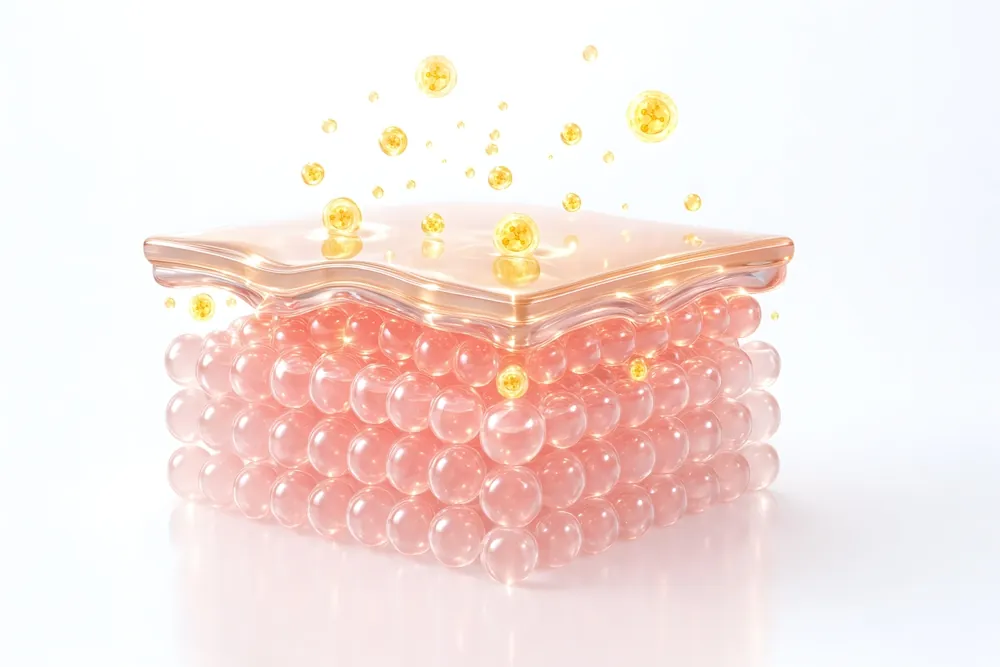 3D illustration of skin cell layers absorbing nutrient molecules - the transdermal nutrition science behind Keystone Aesthetics & Wellness in Ada, MI